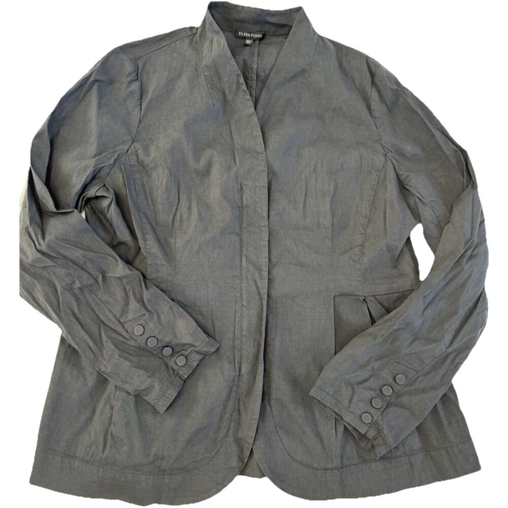 Eileen Fisher Linen Blend Gray Zip-Up Collared Jacket w/ Pockets Women's Size L